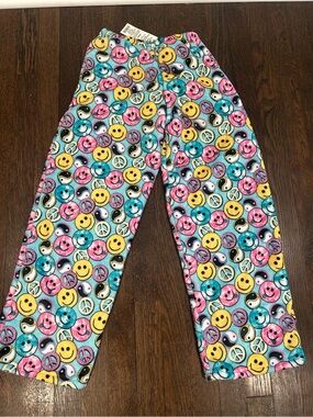 NWT Kids Iscream Plush Pajama Pants Smiley & Peace Print - Pink/Blue/Yellow Sz M